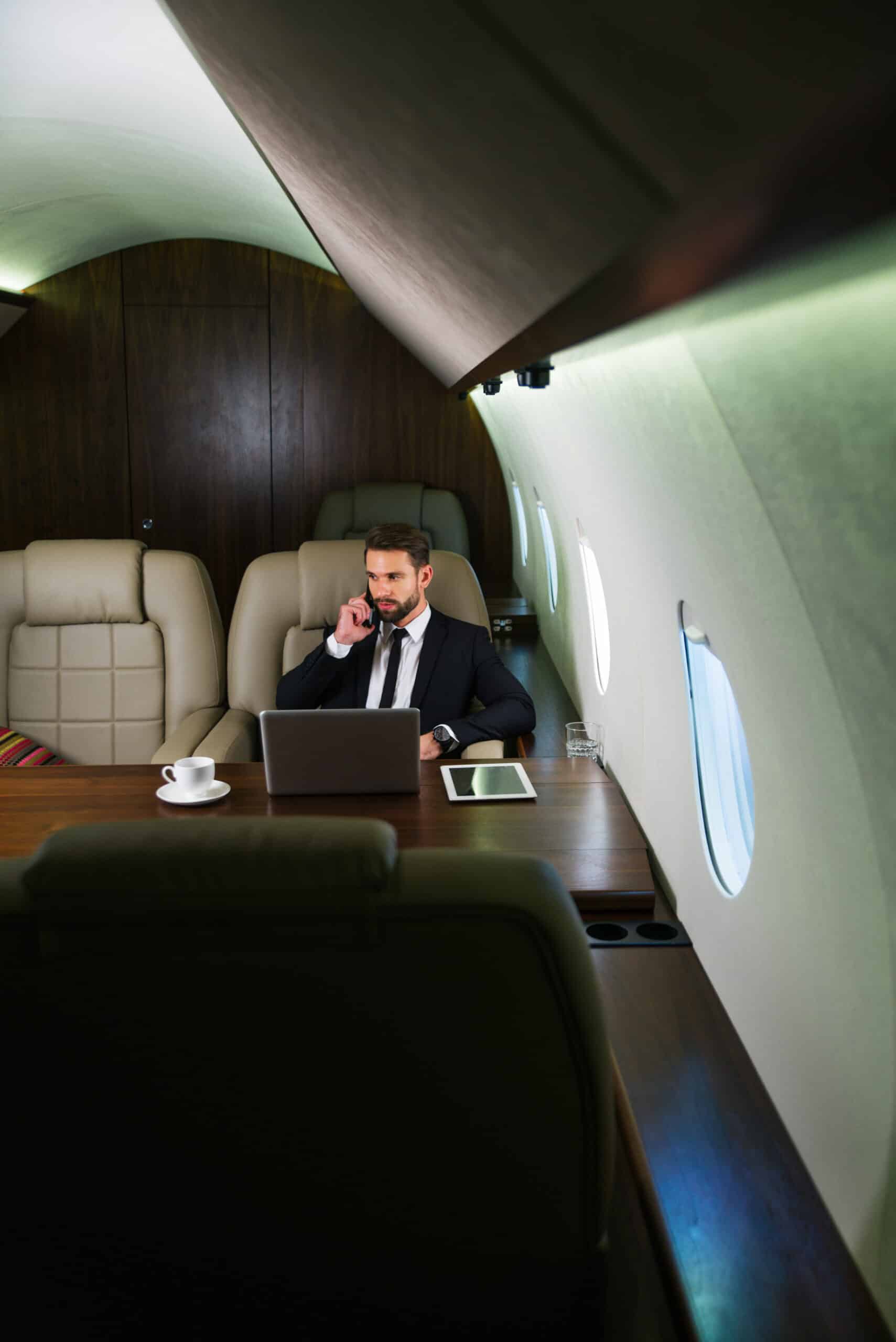 Businessman working while travelling on private jet - Portrait of business people taking a first class flight for work, concepts about business and mobility
